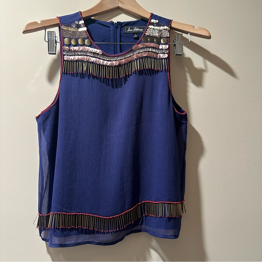 Sam Edelman Blue Embellished Sleeveless Tank Top size small beaded